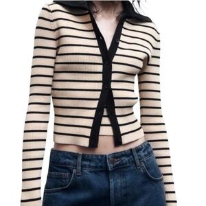NEW Zara Beige & Black Striped Ribbed Knit Polo Collar Crop Cardigan Sweater - S